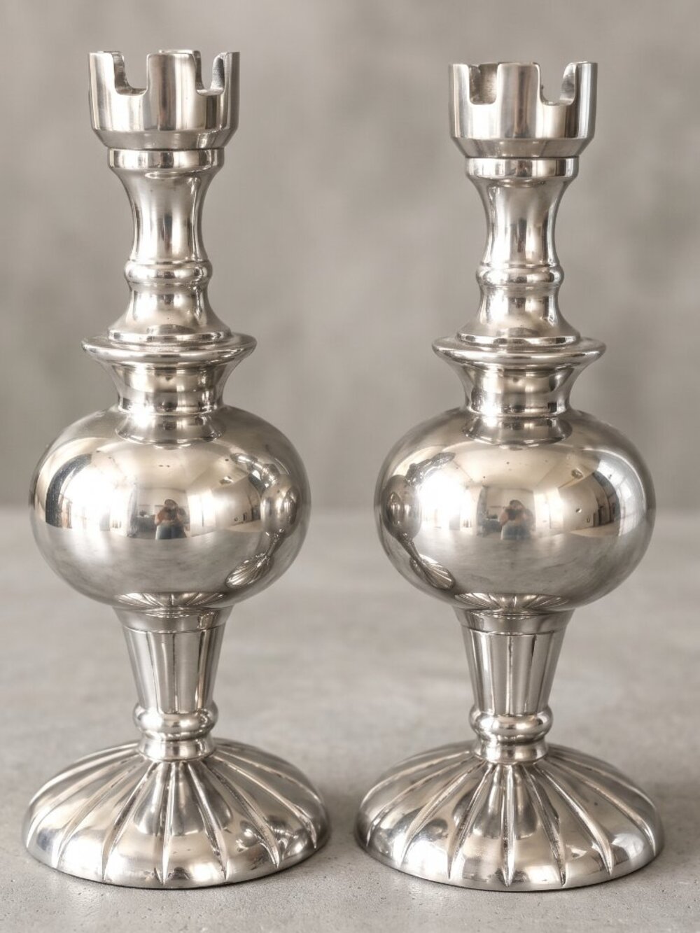 Vintage Silver Tone Metal Candlesticks Pair -Made in India- 8.25" Heavy Tapered